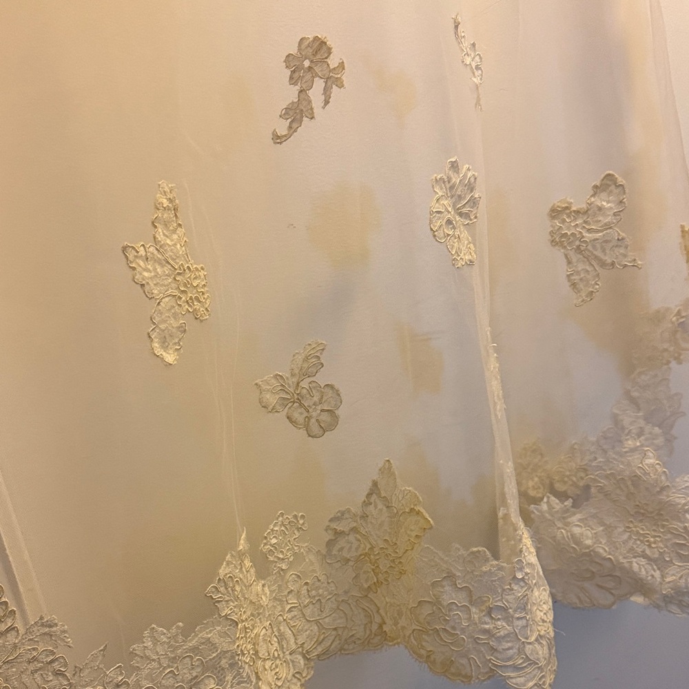 Vintage Ivory Lace-Trim Bridal Veil with Floral Appliqués, Fingertip Length - Picture 4 of 9